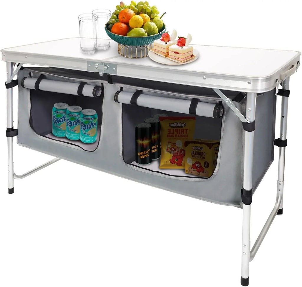 Table pliante d'extérieur en aluminium, légère, réglable en hauteur, avec rangement, pour barbecue, fête, camping