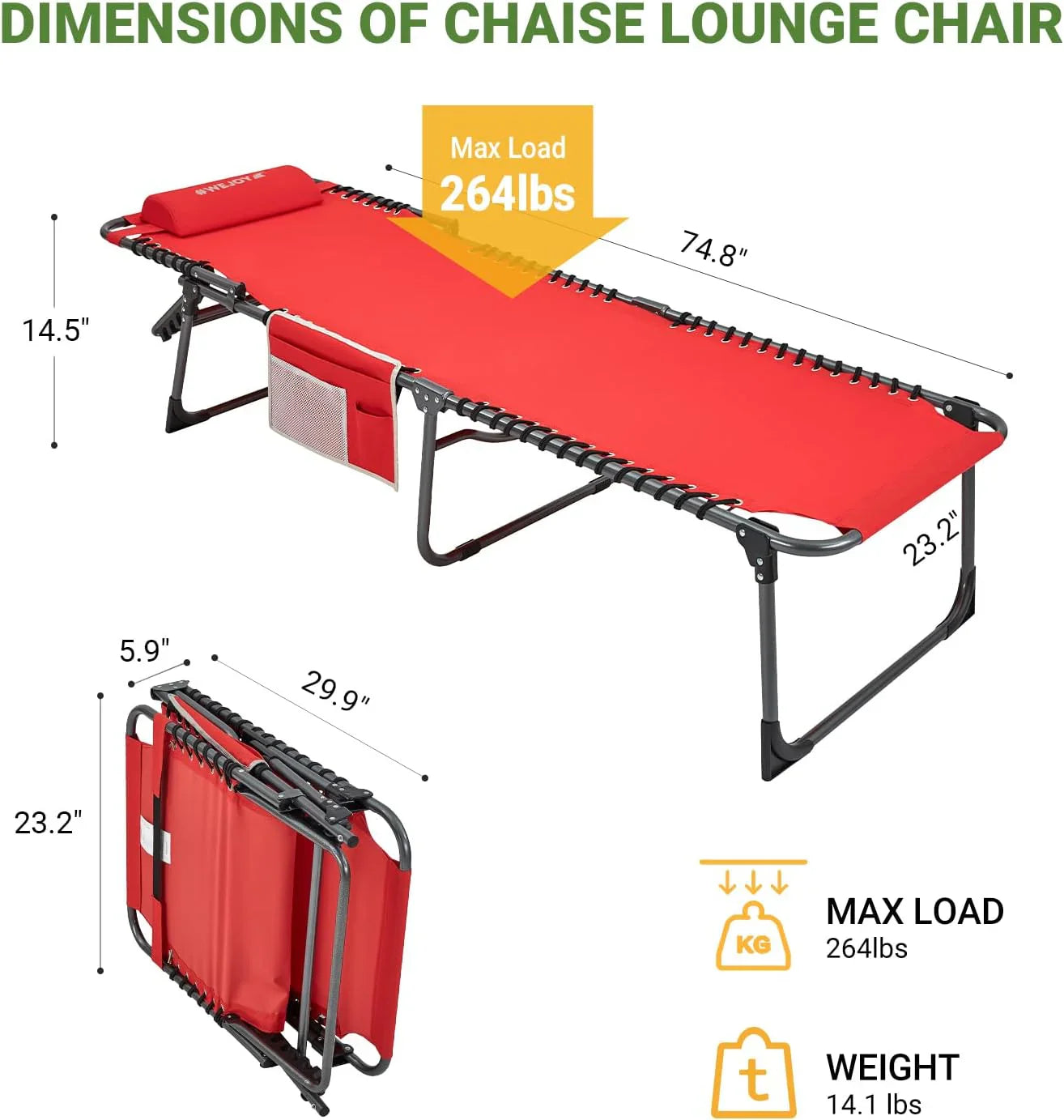 Lot de 2 chaises longues d'extérieur - Chaise longue pliante portable pour patio, piscine, camping, inclinable et réglable sur 5 positions