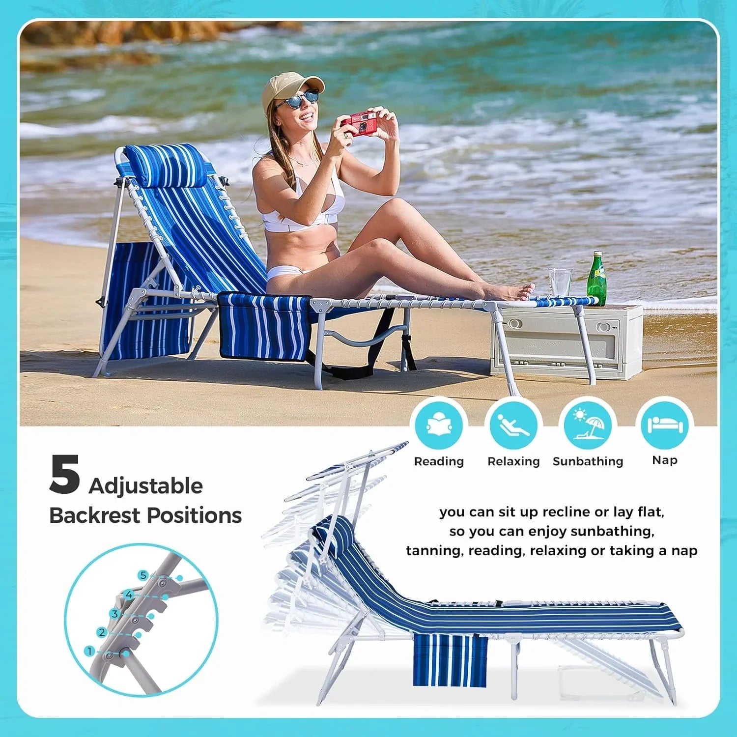 Lot de 2 chaises longues d'extérieur - Chaise longue pliante portable pour patio, piscine, camping, inclinable et réglable sur 5 positions