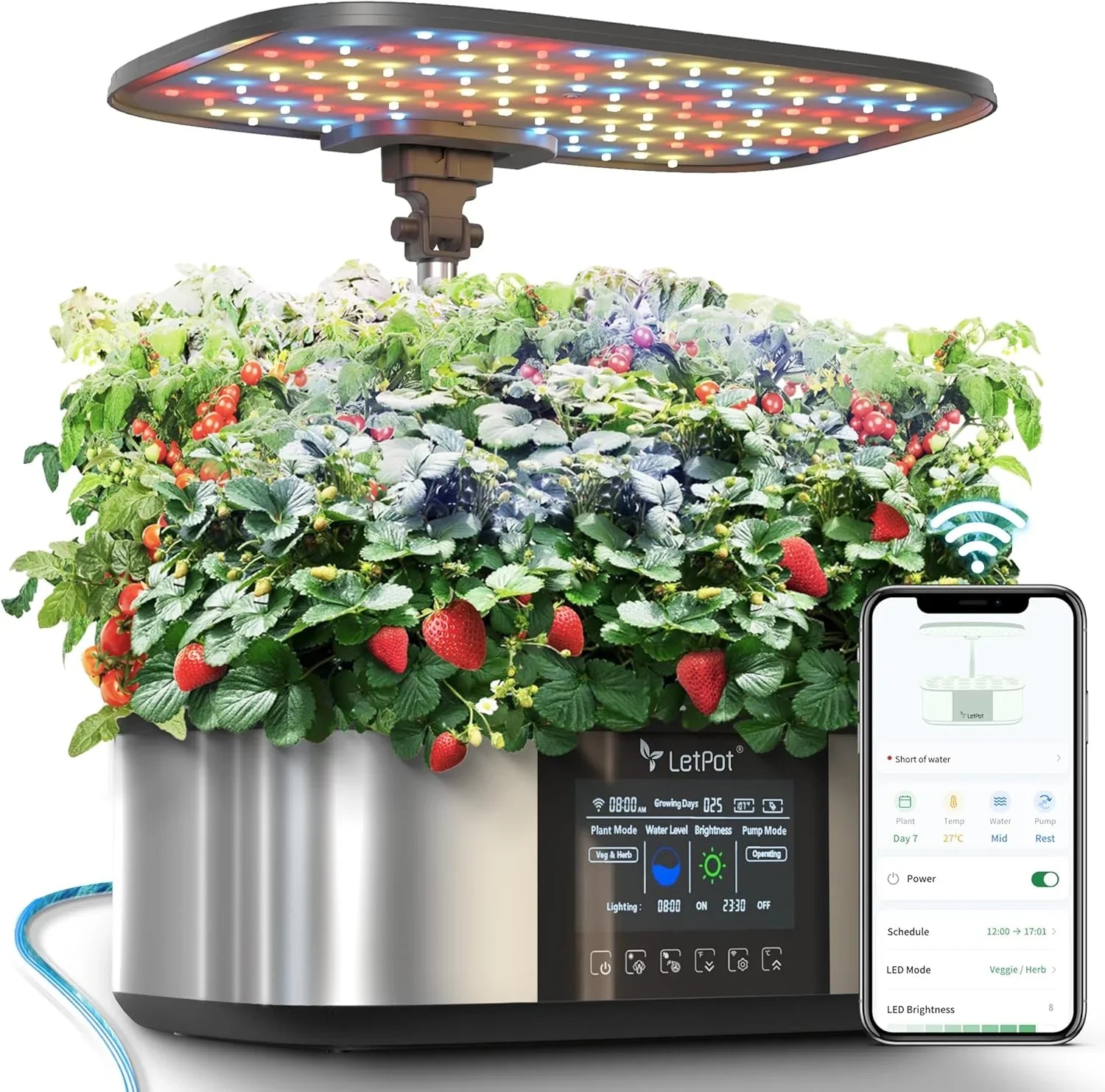 Système de plantation hydroponique, jardin d'intérieur intelligent pour 12 herbes aromatiques, contrôle par application et Wi-Fi, avec LED de croissance 24 W, réservoir d'eau 5,5 L, système de pompage et minuterie automatique.
