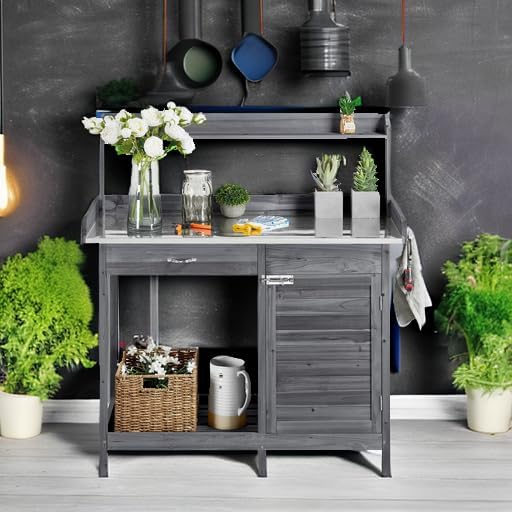 Yaheetech Banc de jardin extérieur avec plateau en métal et tiroir, étagère ouverte, bois naturel