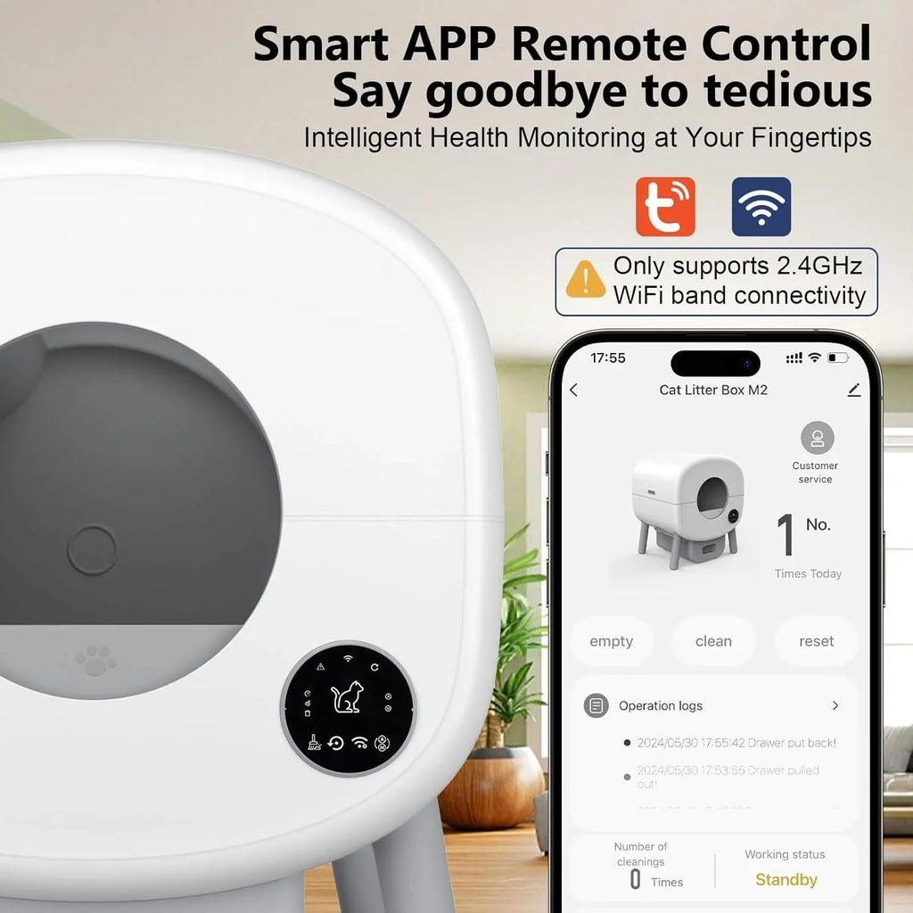 Bac à litière autonettoyant, grande capacité, automatique, contrôle par application, protection de sécurité, 2 rouleaux de sacs poubelles