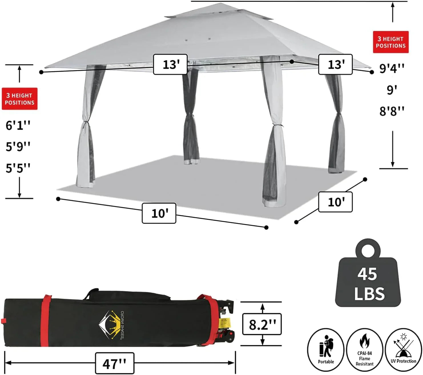 Tonnelle pliante CROWN SHADES 13x13, tente à baldaquin, soldes - Gazebo d'extérieur pour jardin et terrasse - Tente pliante Carpa
