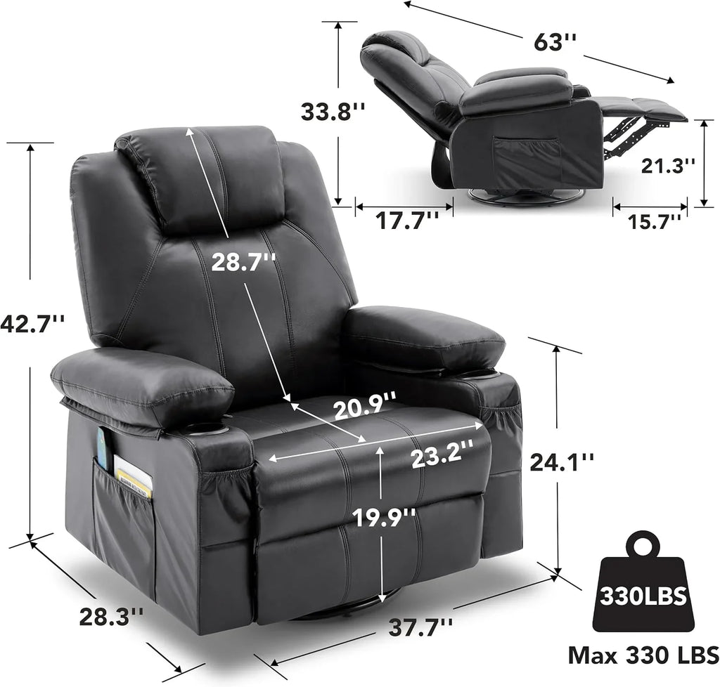 Grand fauteuil inclinable pivotant à bascule avec fonction chauffage et massage, canapé simple pivotant à 360 degrés