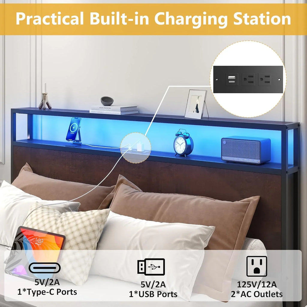 Cadre de lit Queen Lifezone avec tête de lit double et plateau de rangement en métal