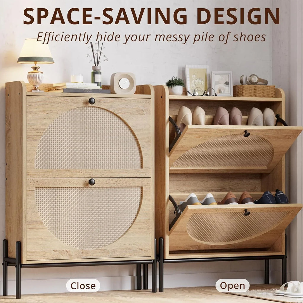 Meuble à chaussures IRONCK avec 2 tiroirs rabattables, meuble de rangement à chaussures indépendant en bois