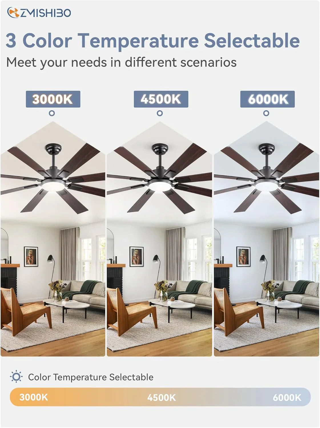 Grand ventilateur de plafond Zmishibo de 72 pouces avec éclairage et télécommande intérieur/extérieur