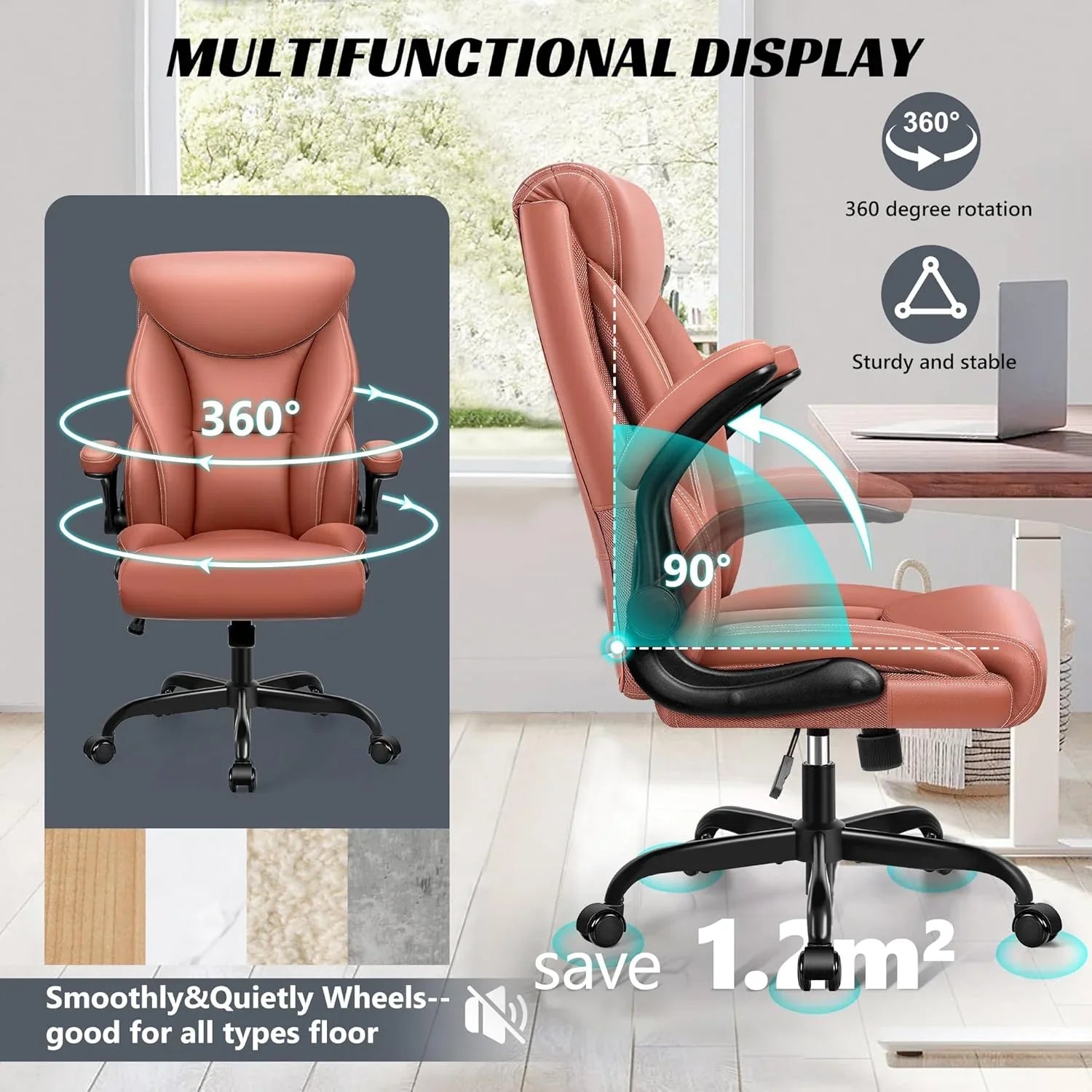 Chaise de bureau pivotante à pieds hauts, en cuir respirant, avec support lombaire