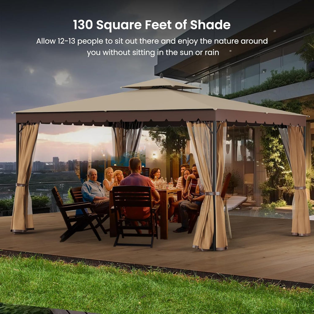 Tonnelle 10x12 avec écran, tonnelle d'extérieur en métal robuste, tente à auvent à cadre robuste avec double toit gonflable, tonnelle de patio coupe-vent et imperméable