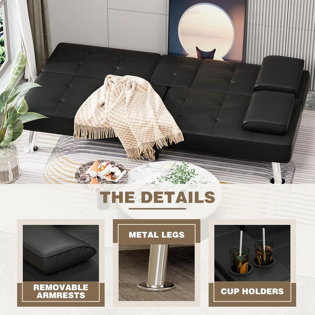 Canapé-lit futon Homall, canapé-lit futon en cuir avec accoudoirs amovibles, canapé-lit inclinable réglable avec deux porte-gobelets pour salon et appartement