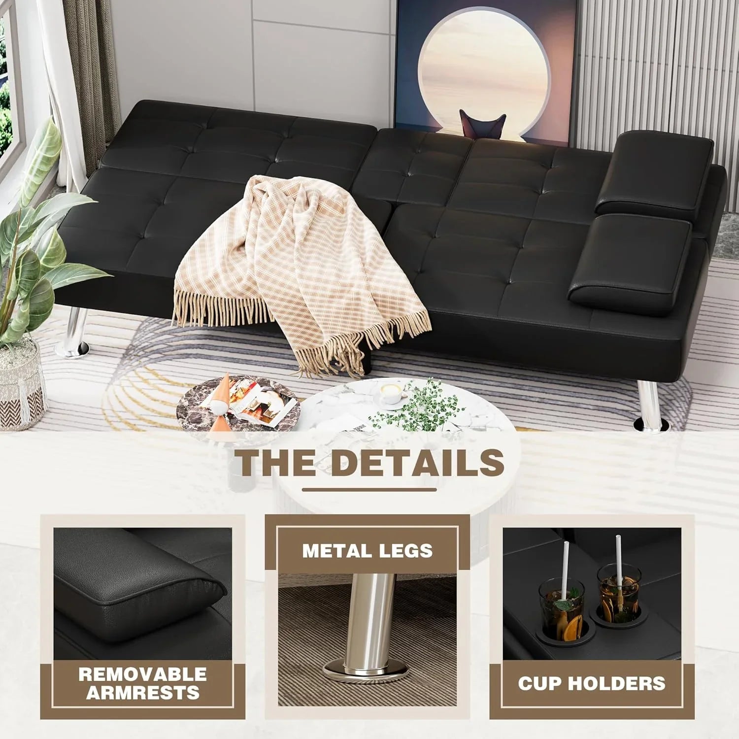Canapé-lit futon Homall, canapé-lit futon en cuir avec accoudoirs amovibles, canapé-lit inclinable réglable avec deux porte-gobelets pour salon et appartement