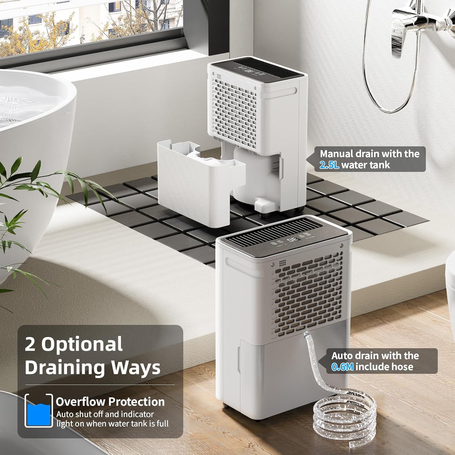 12L/Jour Deshumidificateur d Air - Contrôle Intelligent de l'humidité, Déshumidificateur d'air avec Minuterie 24H, Drainage Continu, Dégivrage Automatique, pour Grande Pièce Chambre Salle de Bain