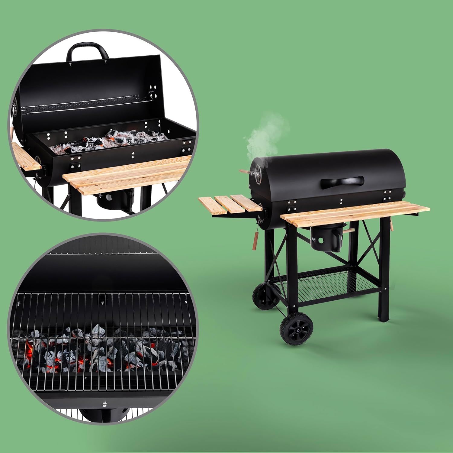 LEHMANN XL Houtskoolbarbecue met twee houten roosters, deksel, wielen en een handvat dat niet verhit wordt. Houtskoolbarbecue voor tuin, terras en camping. 