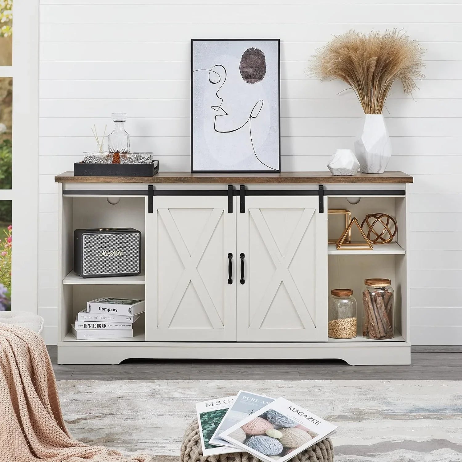 Meuble TV avec cheminée AMERLIFE et portes coulissantes style grange, compatible avec les téléviseurs jusqu'à 73 pouces, centre de divertissement avec cheminée de style ferme