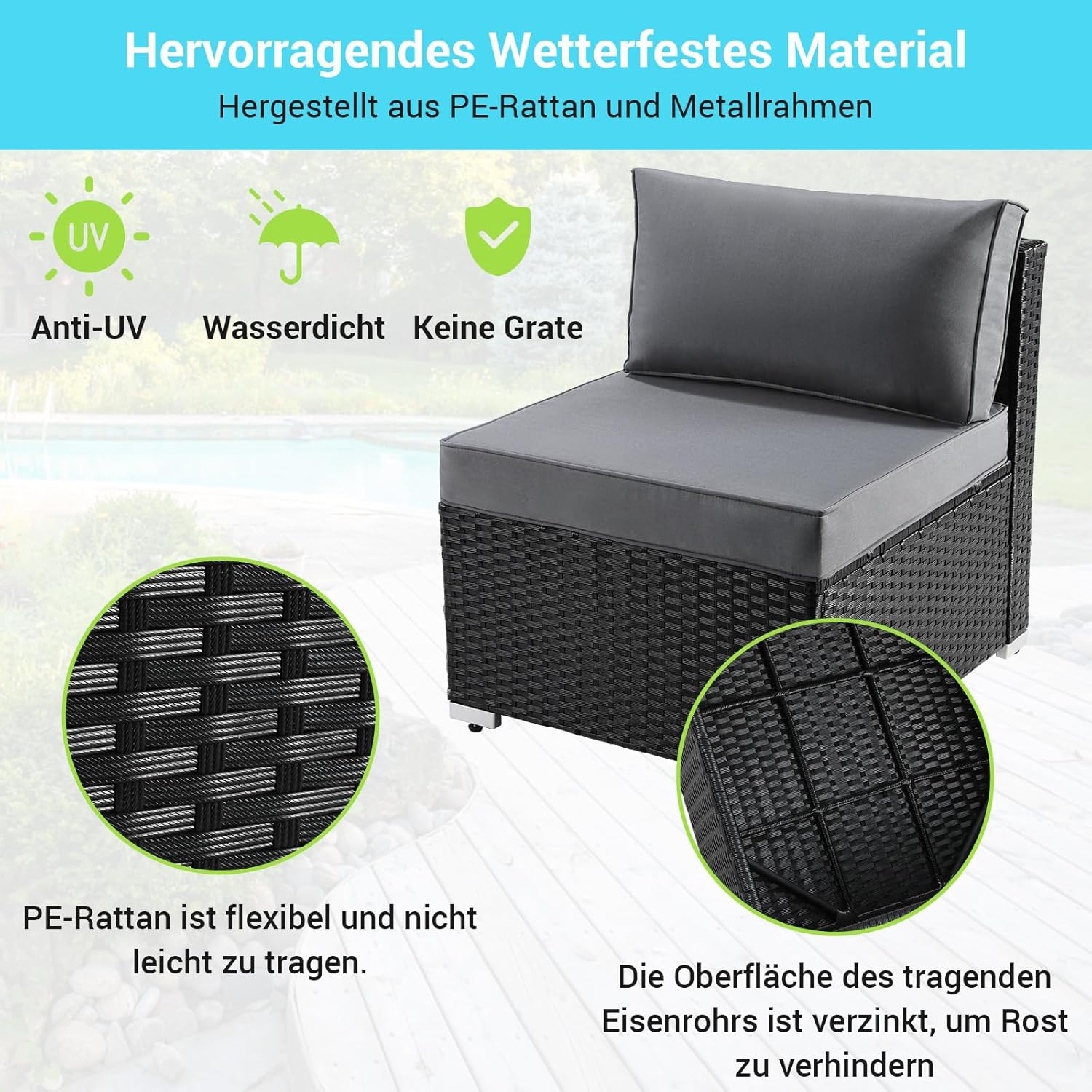 Ensemble de 6 meubles de jardin en rotin synthétique, canapés modulables pour 7 personnes, salon de jardin résistant aux intempéries avec 2 canapés d'angle, 2 fauteuils, 1 table basse avec plateau en verre