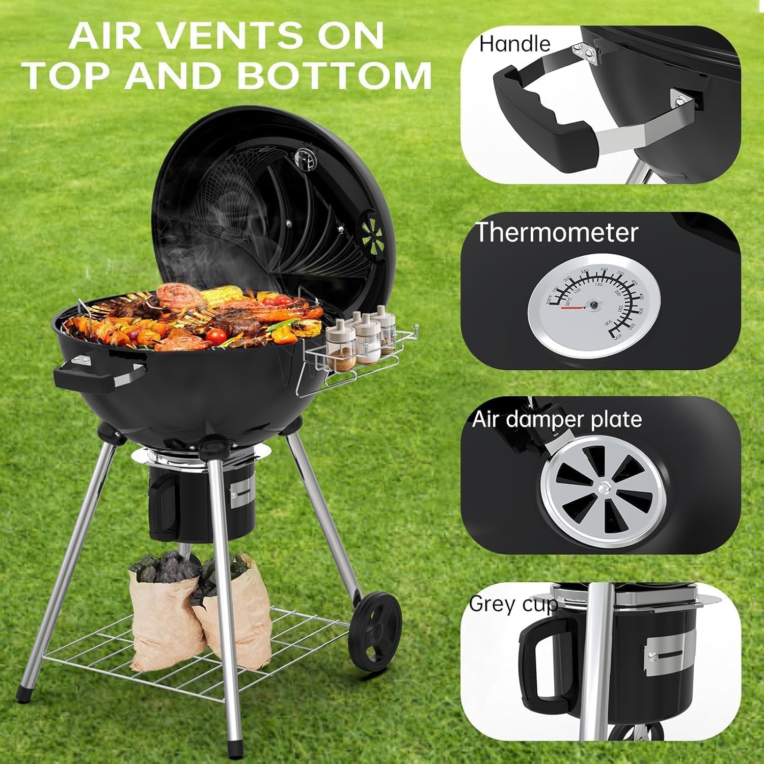 Grill à charbon TEENO, gril de cuisson XXL, gants anti-brûlure, thermomètre, tiroir à cendres,