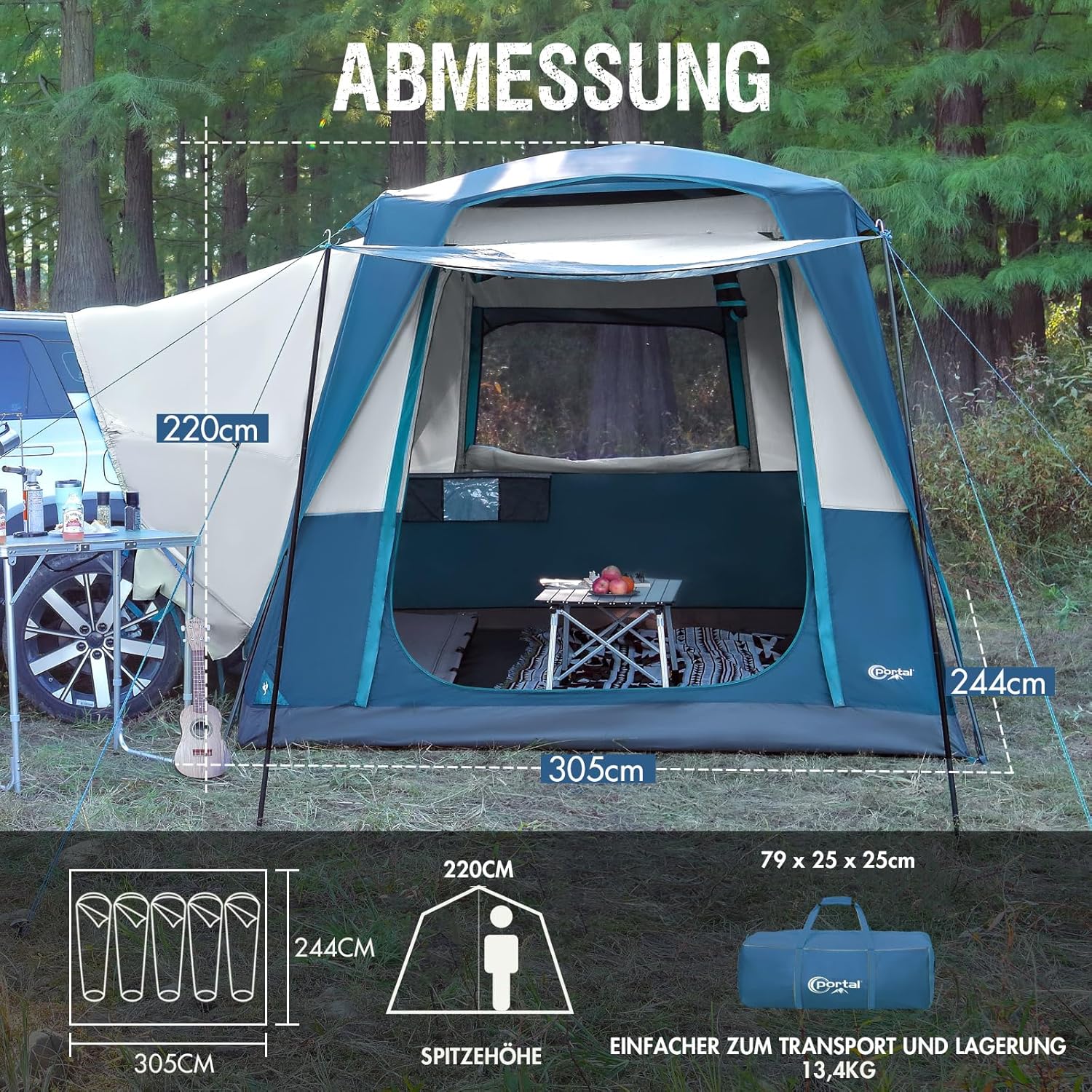 Tente de camping 2 en 1 Portal avec porche, imperméable et coupe-vent