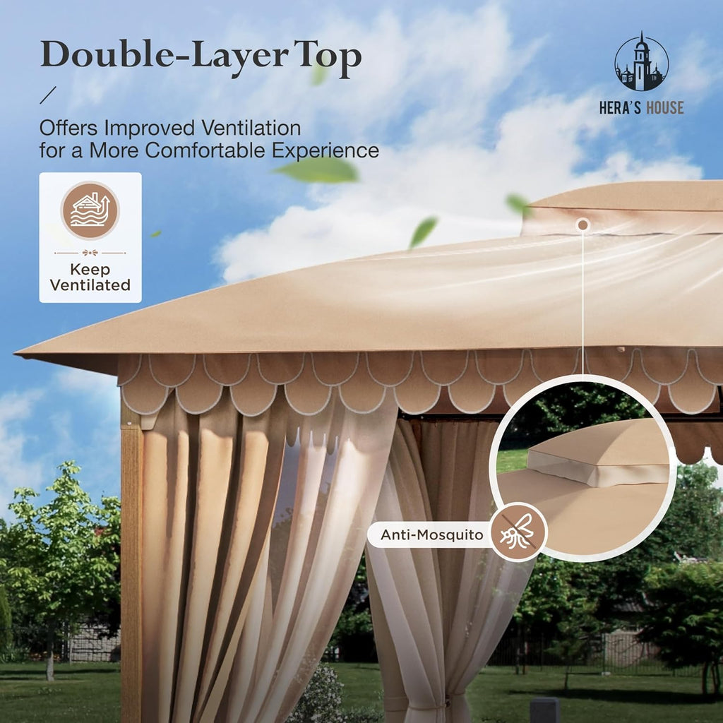 Gazebo 10 x 13, gazebo extérieur abrité, tente à auvent en métal robuste avec double toit et moustiquaire