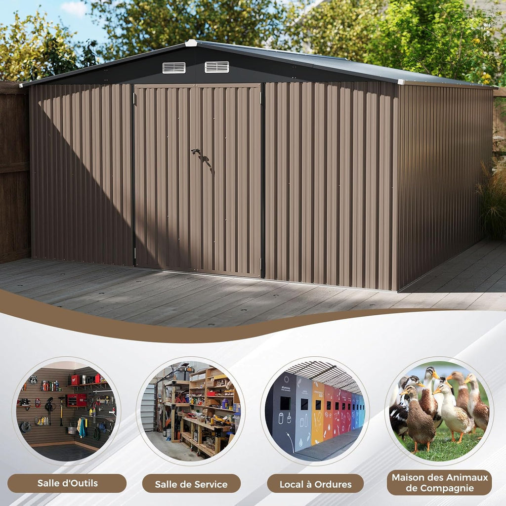 Abri de jardin en métal Costway, 7,8 m², toit à double pente, porte double verrouillable avec clé, 4 aérations, abri de jardin extérieur pour vélo, poubelle, outils, anthracite (7,8 m²)