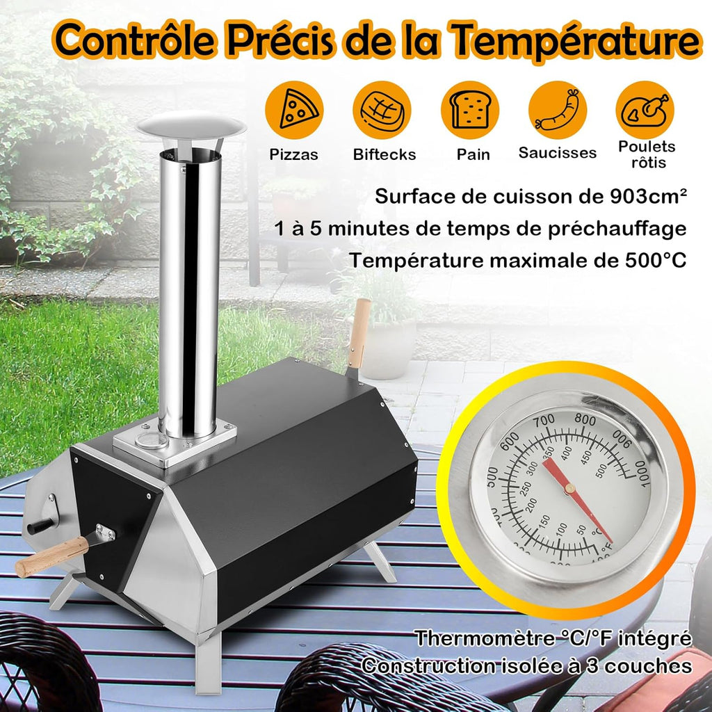 Four à pizza extérieur 162 cm four à pizza à bois ou à granulés avec pierre à pizza thermomètre grill spatule et accessoires complets cuisson pratique adapté au camping fête barbecue