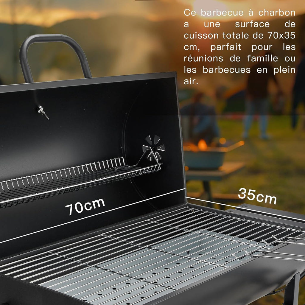 Barbecue au charbon de bois avec grille de cuisson XXL, gants anti-brûlures, thermomètre, tiroir à cendres, aérations réglables