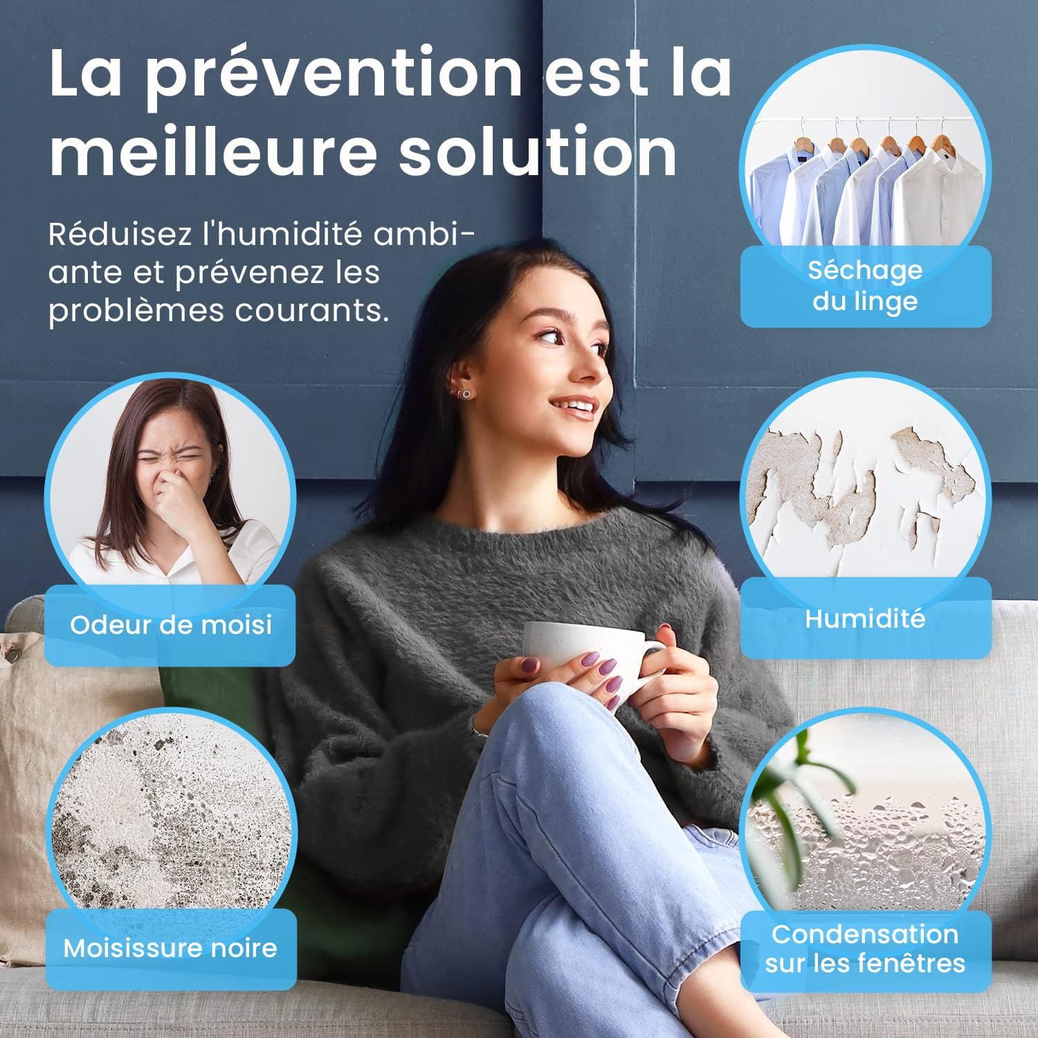 Déshumidificateur d'air silencieux 12L/jour - Absorbeur d'humidité - 40dB Réservoir d'eau de 1,8L Drainage continu Minuterie 24 heures 3 modes - Idéal pour prévenir l'humidité et la moisissure