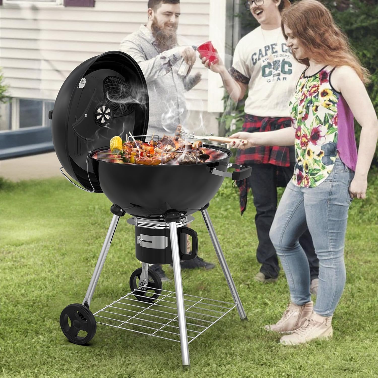 Grill à charbon TEENO, gril de cuisson XXL, gants anti-brûlure, thermomètre, tiroir à cendres,