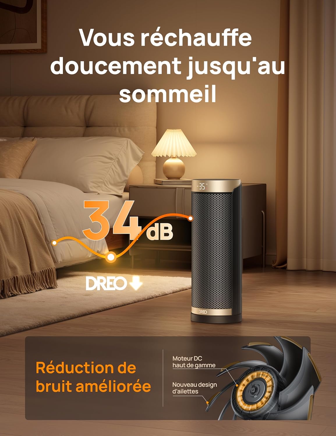 Système de chauffage Dreo, télécommande en céramique, protection contre l'inclinaison et la surchauffe