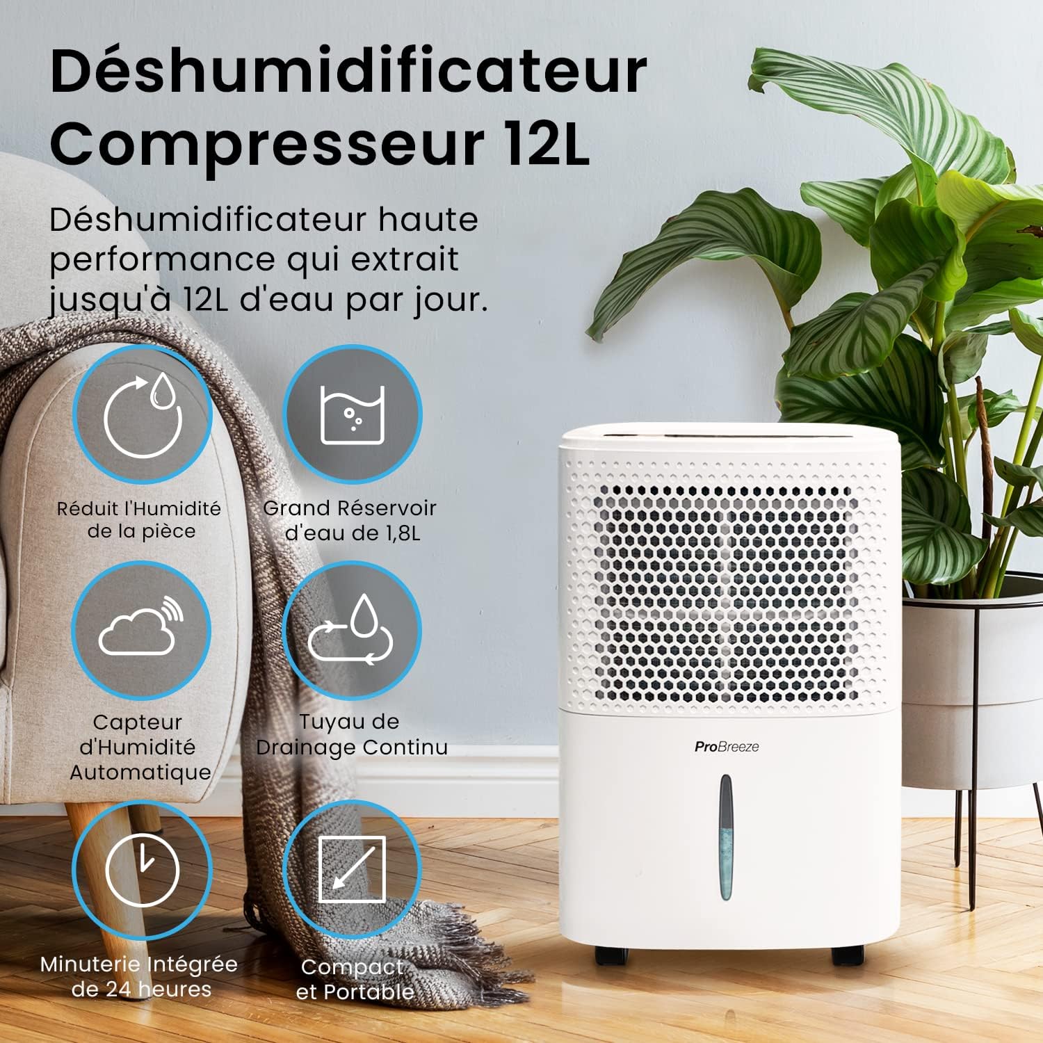 Déshumidificateur d'air silencieux 12L/jour - Absorbeur d'humidité - 40dB Réservoir d'eau de 1,8L Drainage continu Minuterie 24 heures 3 modes - Idéal pour prévenir l'humidité et la moisissure