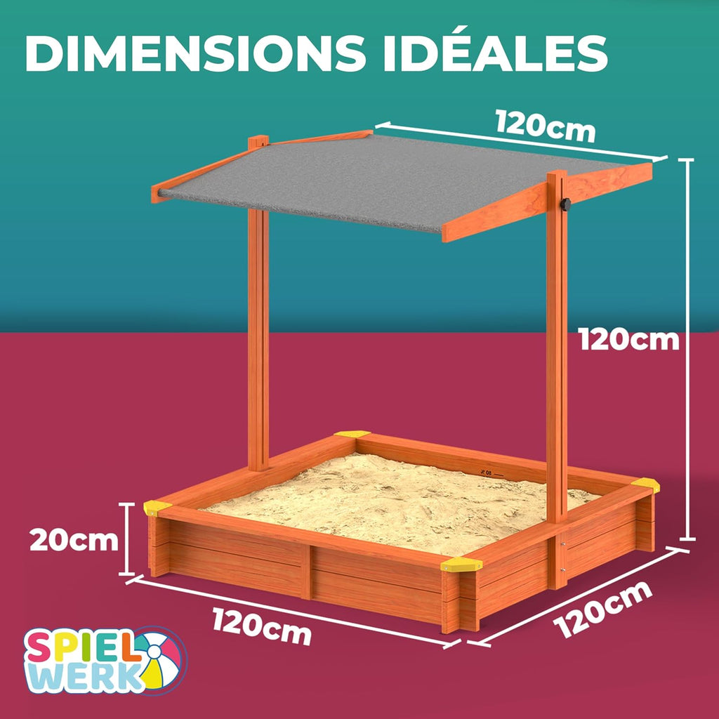 Bac à sable en bois 120 x 120 cm Tapis de sol Toit réglable Protection UV 50+
