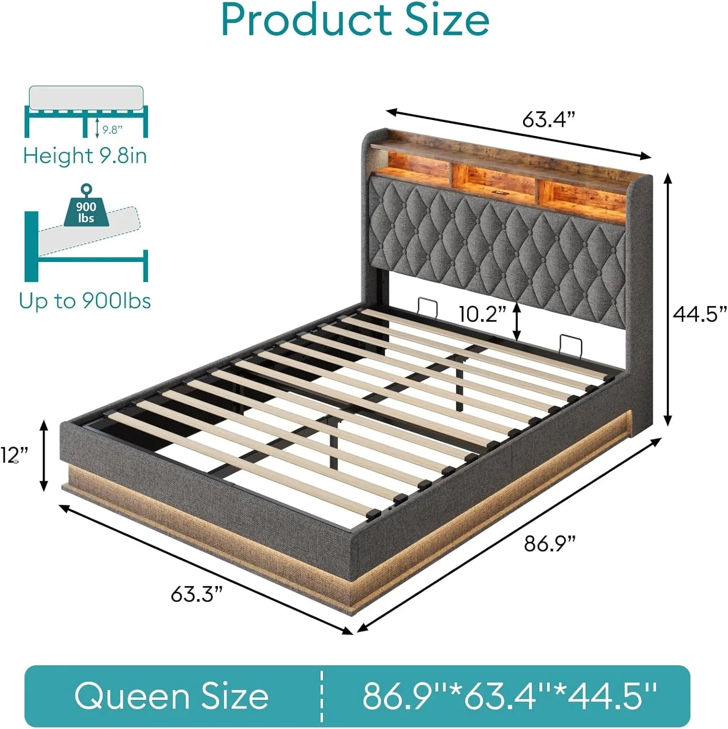 Cadre de lit Queen size avec rangement, hydraulique, sans sommier, lattes en bois