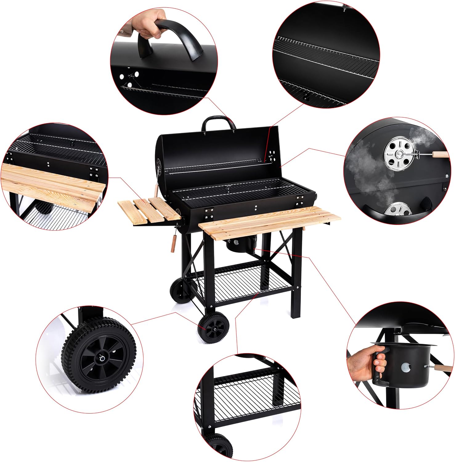 LEHMANN XL Houtskoolbarbecue met twee houten roosters, deksel, wielen en een handvat dat niet verhit wordt. Houtskoolbarbecue voor tuin, terras en camping. 