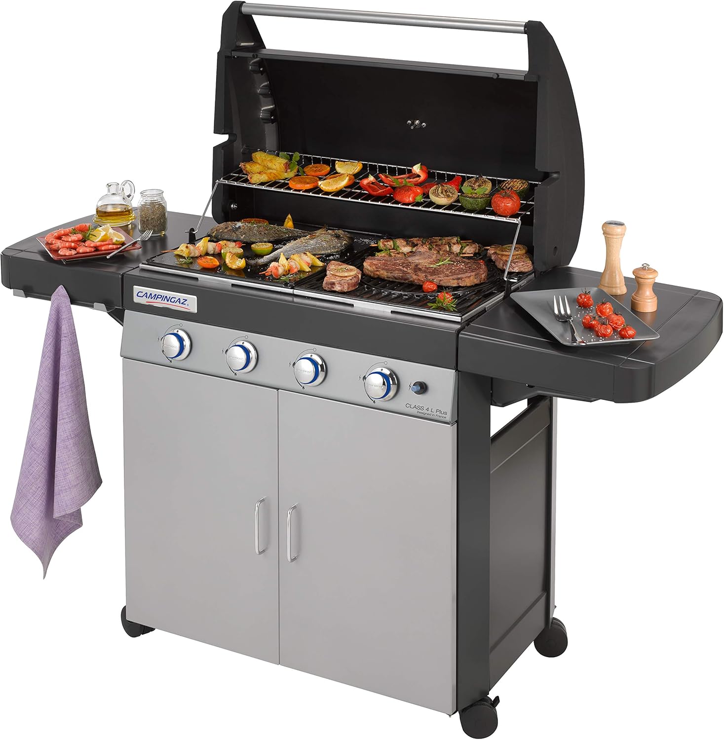 Barbecue à gaz Campingaz Classe 4 L Plus, 4 brûleurs, puissance 12,8 kW, système de nettoyage facile InstaClean, grille et plaque de cuisson en fonte double émaillée, 2 étagères latérales