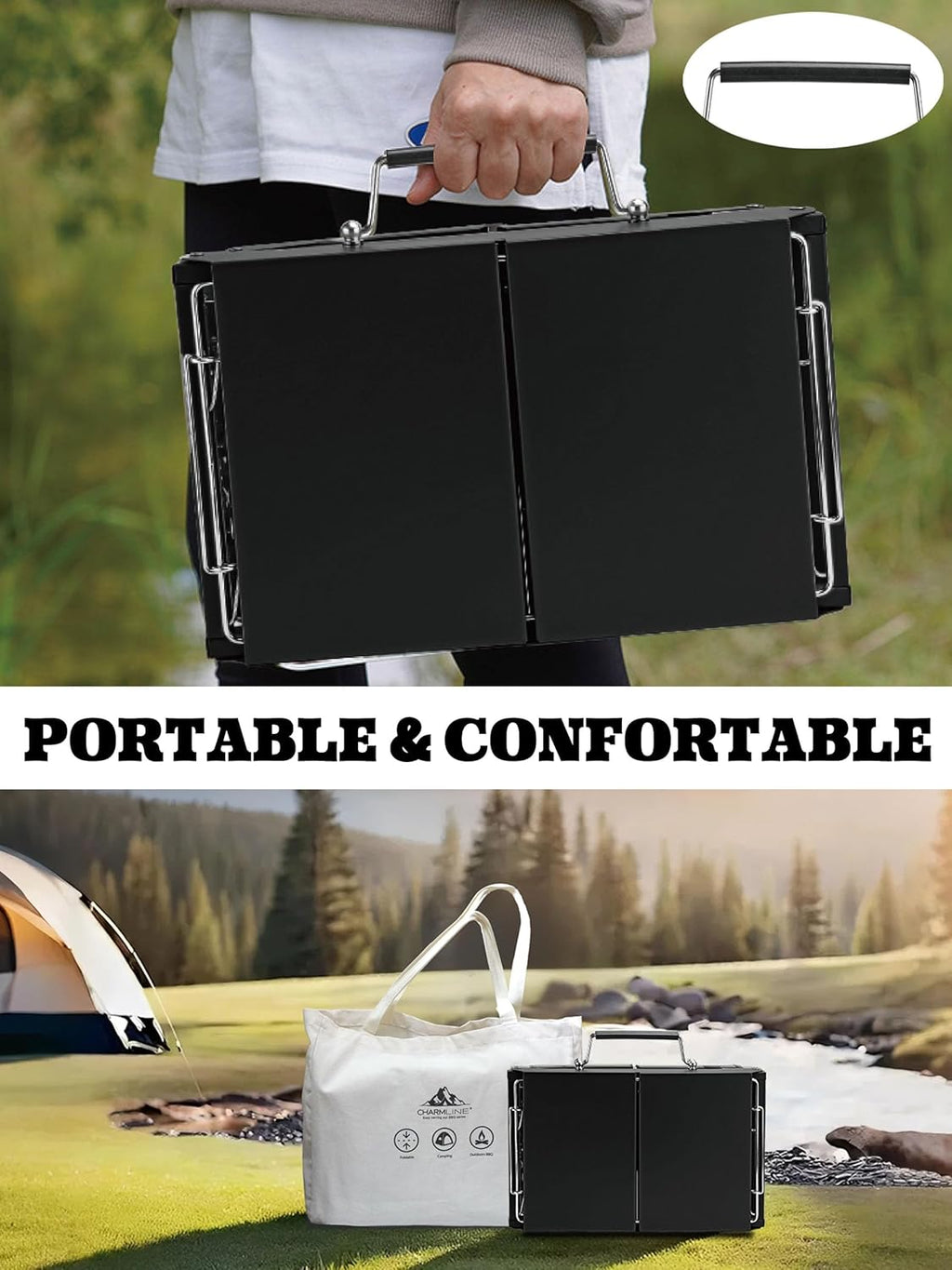 Barbecue portable compact au charbon de bois pour l'extérieur, 34 x 23 cm