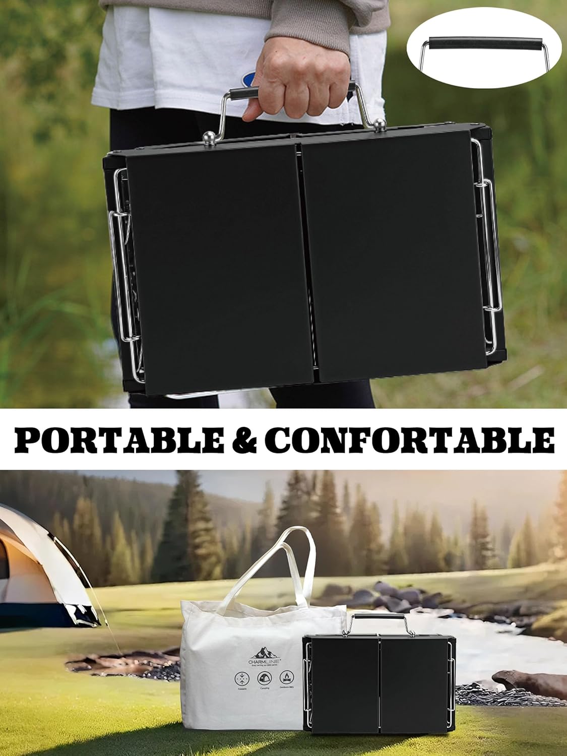 Barbecue portable compact au charbon de bois pour l'extérieur, 34 x 23 cm