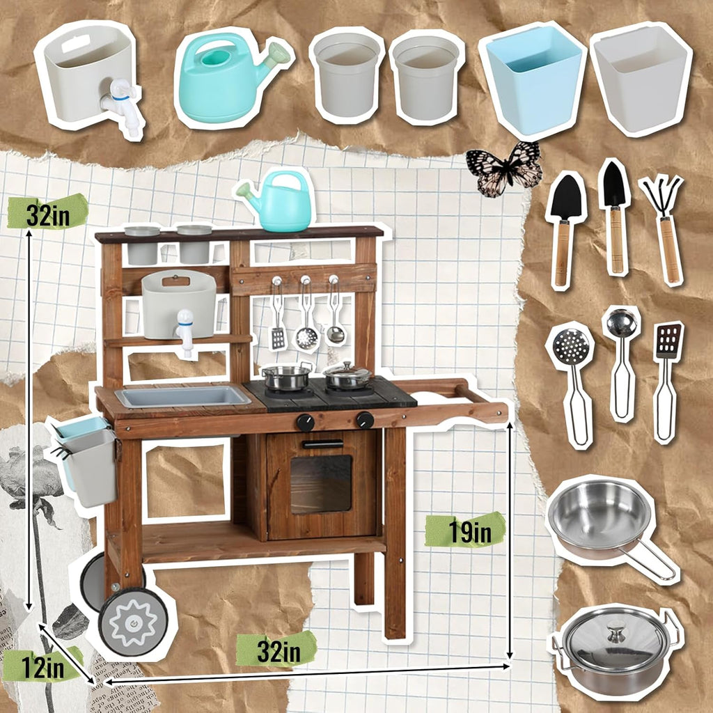 Jeux de plein air Cuisine Jardin Jeux Cuisine Boue Cuisine Enfants Extérieur avec Roues, Bouilloire, Évier, Bac à Plantes en Bois, Cuisine Enfants