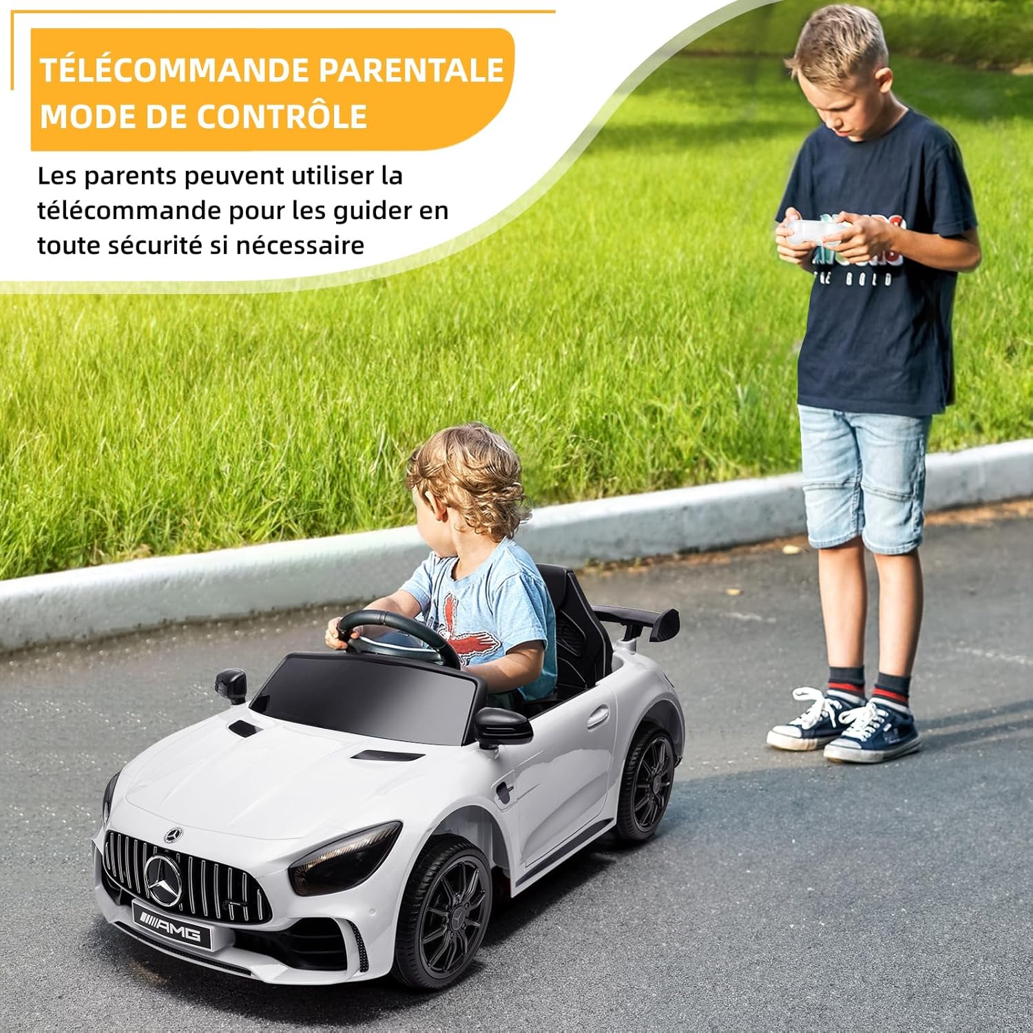 LALAHO Voitures électriques pour Enfants Mercedes Benz AMG avec Télécommande 2.4G, Véhicule électrique Enfant 2 Portes avec MP3 (Blanc)