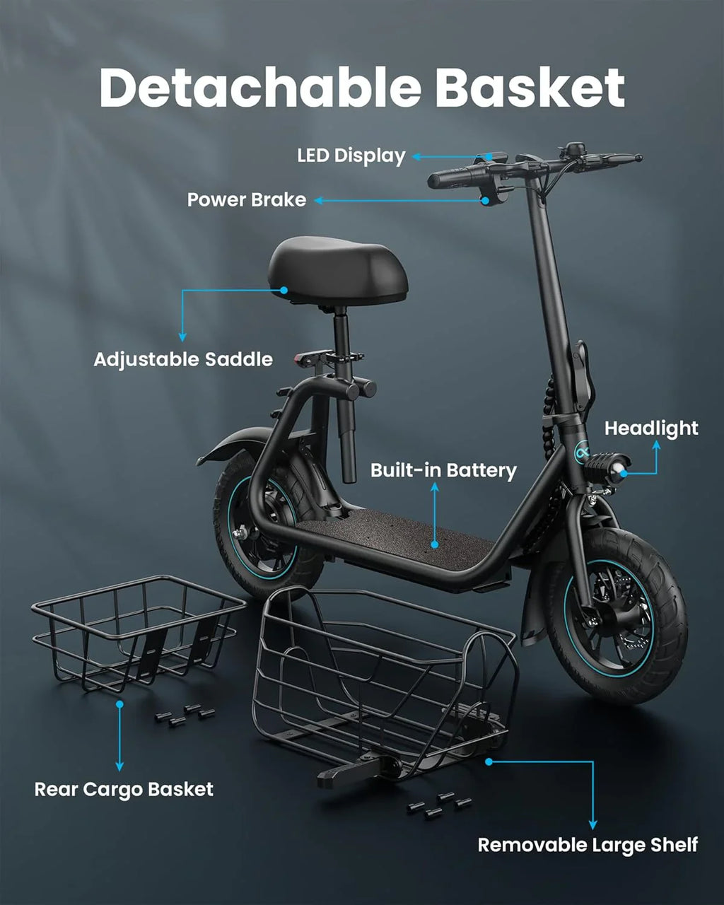 Trottinette électrique Gyroor pour adulte avec grand panier central, autonomie de 32 km, pliable et siège