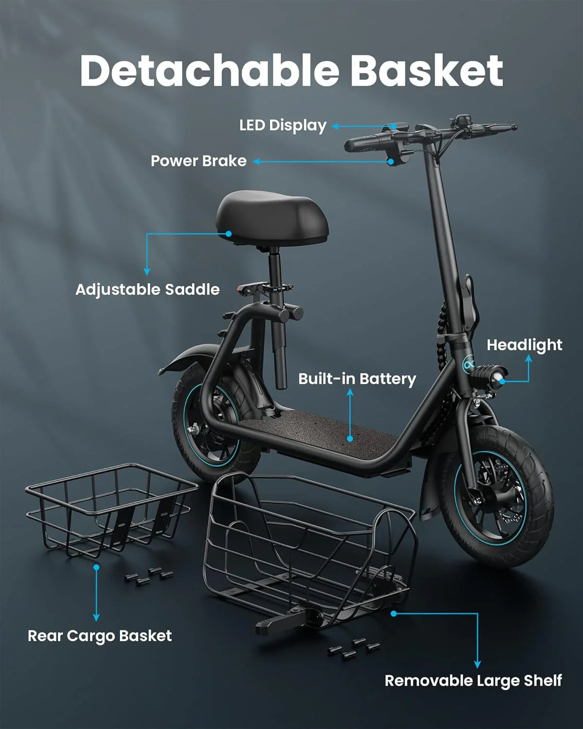 Trottinette électrique Gyroor pour adulte avec grand panier central, autonomie de 32 km, pliable et siège