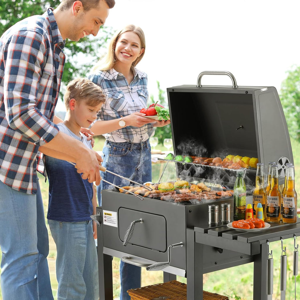 Barbecue Charbon de Bois, Chariot à Barbecue XXL, Grand Barbecue au Charbon de Bois, Grill à Charbon avec Couvercle, 2 Tables d'Appoint, Roues et Thermomètre, BBQ Fumoir, Barbecue de Jardin, Gris