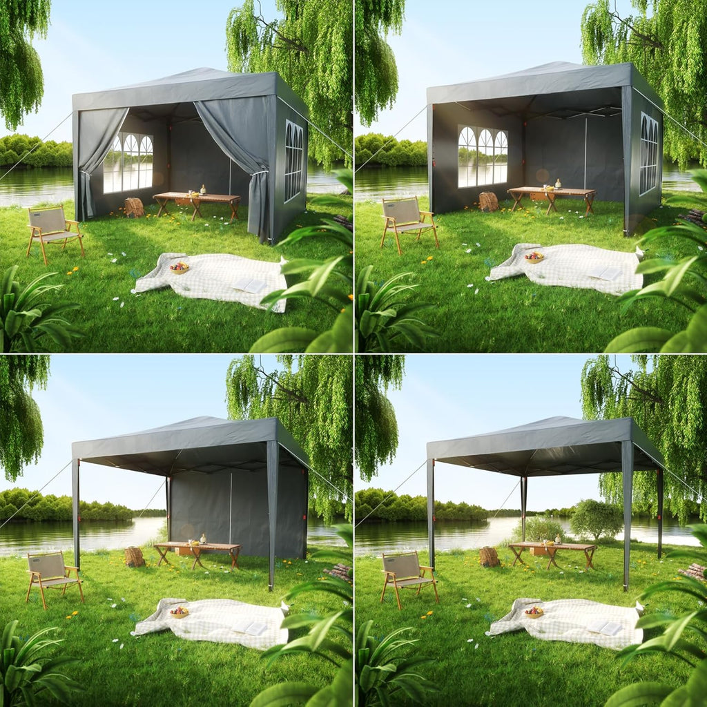 ISE opvouwbare partytent, 3x3 opvouwbare partytent met gordijnen, tuinpaviljoen, in hoogte verstelbare opvouwbare partytent, 3x3 tent, tuinpaviljoen met UV50+ bescherming, duurzame campingpartytenten 