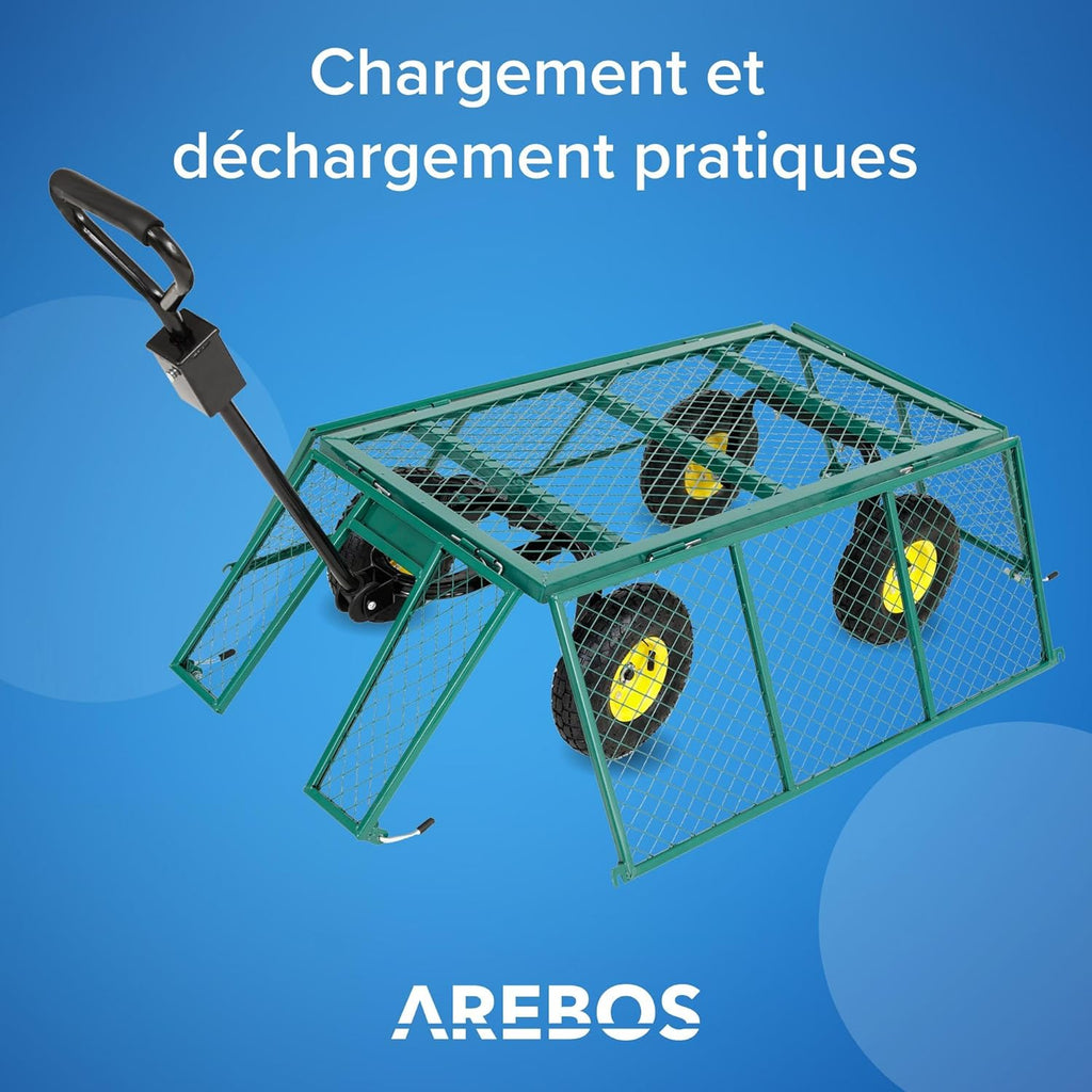 Chariot de jardin Arebos avec pneus profilés Charge max 550 kg Pliable vert Poignée et timon amovibles