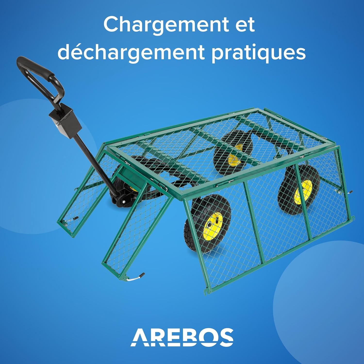 Chariot de jardin Arebos avec pneus profilés Charge max 550 kg Pliable vert Poignée et timon amovibles