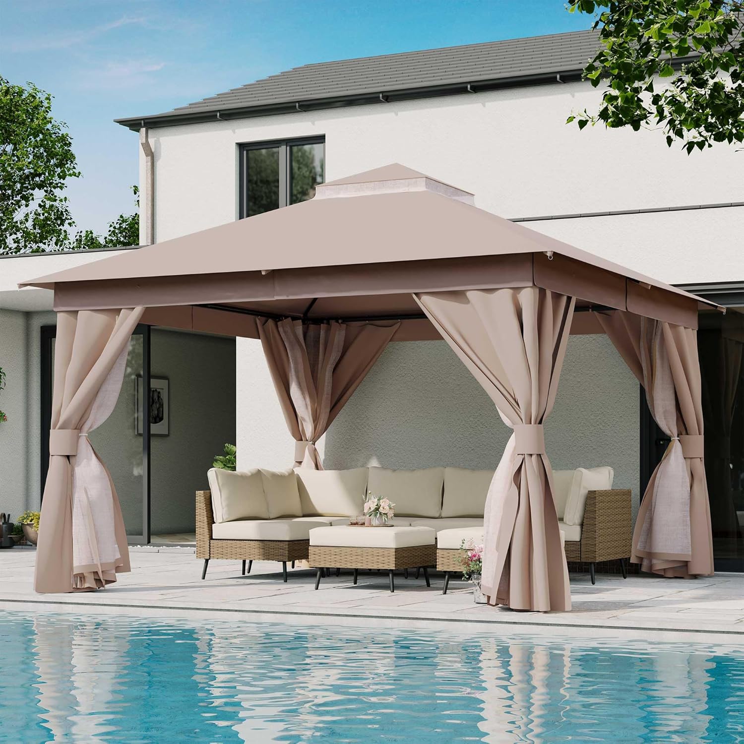 Tente pavillon d'extérieur améliorée à double toit, auvent imperméable UV50+ avec filet et crochets