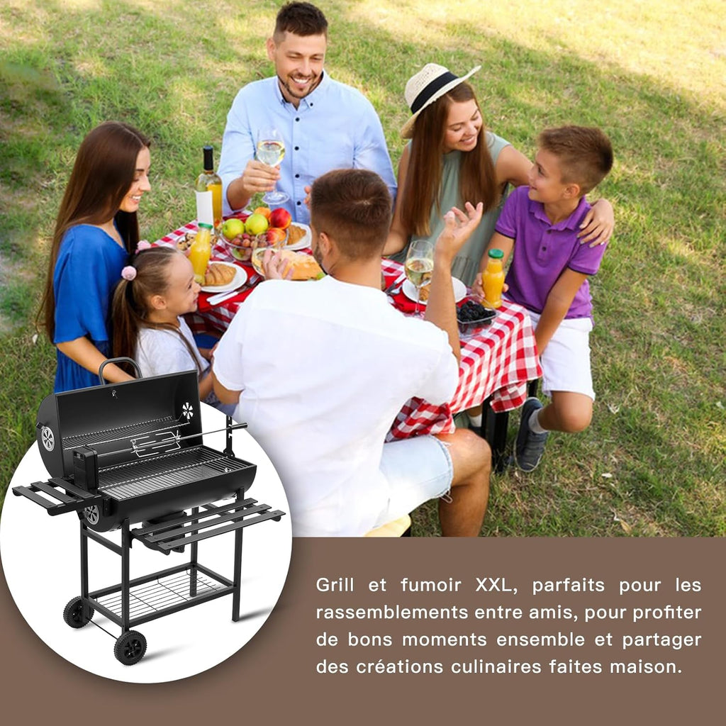 Grill à charbon TEENO, gril de cuisson XXL, gants anti-brûlure, thermomètre, tiroir à cendres,
