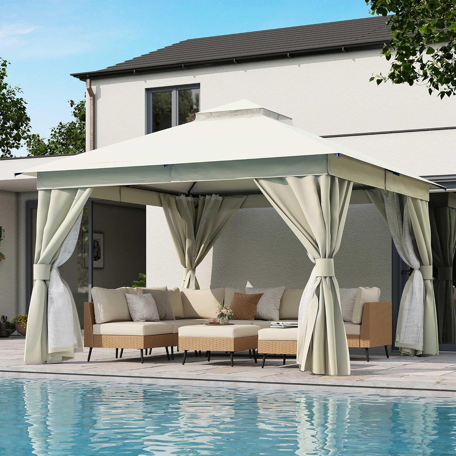 Tente pavillon d'extérieur améliorée à double toit, auvent imperméable UV50+ avec filet et crochets