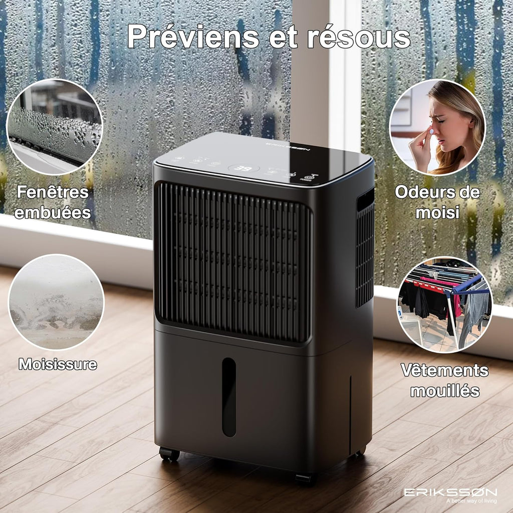 Déshumidificateur 16 litres/24 heures taille de la pièce : environ 140 m3 (70 m2), affichage LED, résistant à l'humidité  avec minuterie, économie d'énergie, avec capteur d'humidité (blanc)