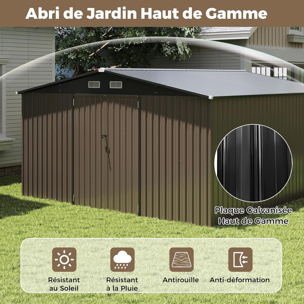 Abri de jardin en métal Costway, 7,8 m², toit à double pente, porte double verrouillable avec clé, 4 aérations, abri de jardin extérieur pour vélo, poubelle, outils, anthracite (7,8 m²)
