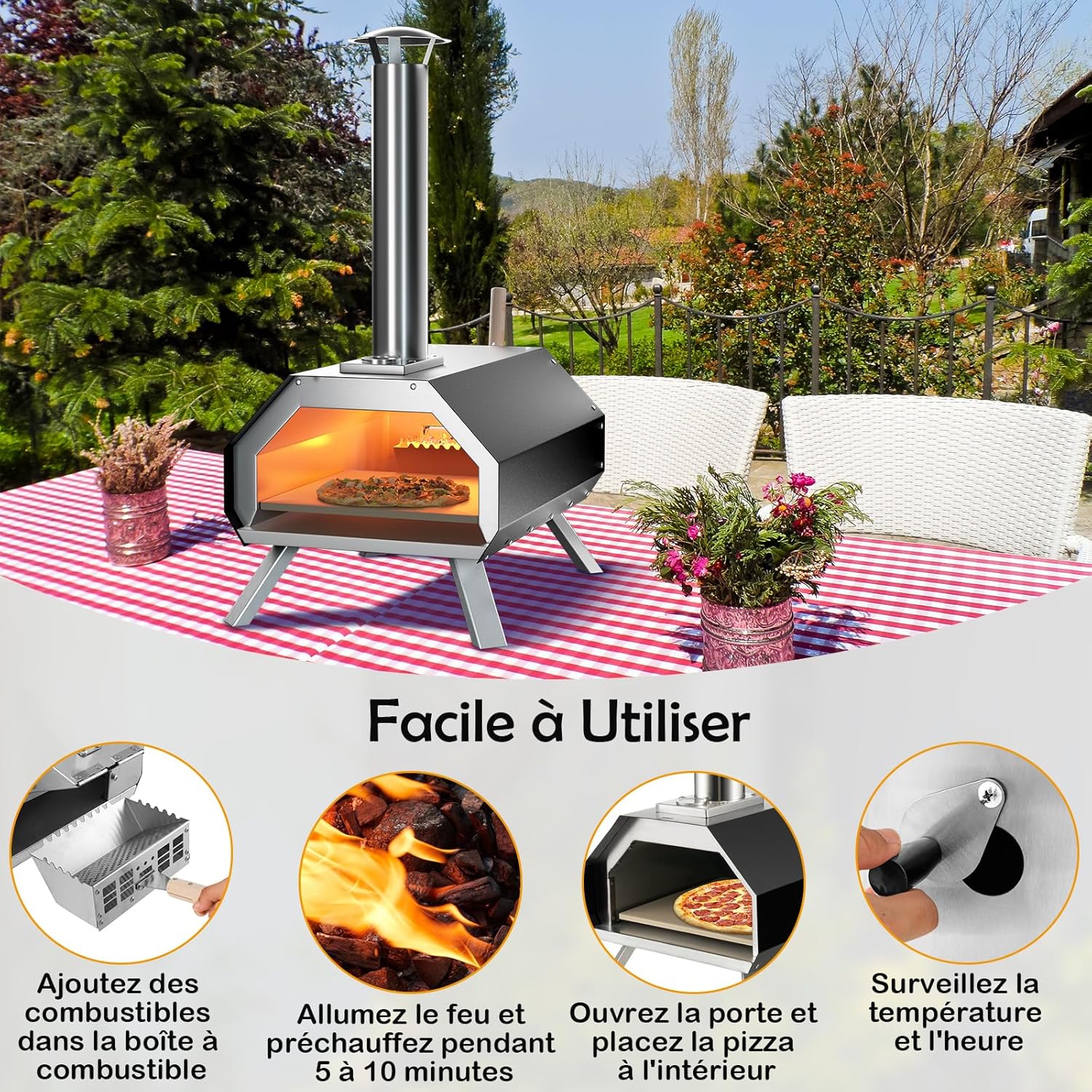 Four à pizza extérieur 162 cm four à pizza à bois ou à granulés avec pierre à pizza thermomètre grill spatule et accessoires complets cuisson pratique adapté au camping fête barbecue
