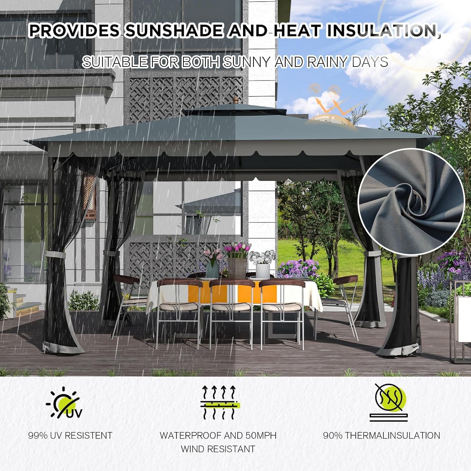 Tonnelle 10x12 avec écran, tonnelle d'extérieur en métal robuste, tente à auvent à cadre robuste avec double toit gonflable, tonnelle de patio coupe-vent et imperméable